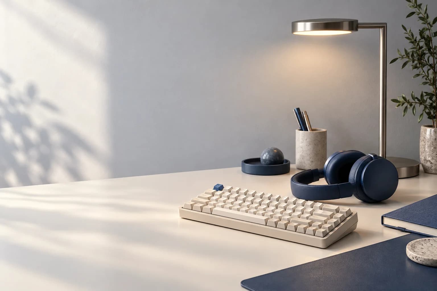 Premium desk with a mechanical keyboard, blue headphones and an aluminium lamp